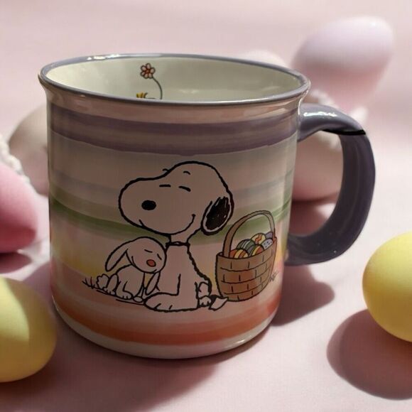 Peanuts Colorful Stripes 20oz Coffee Mug Snoopy & Easter Bunny Basket Eggs New C - Picture 1 of 5